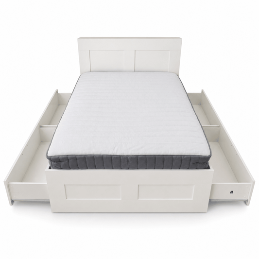 IKEA SONGESAND Queen Bed Set with Mattress, 4 Storage Boxes & Bedside Chest | White - Al Thahani Furniture
