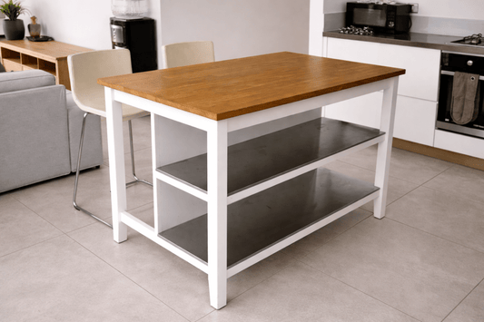 IKEA STENSTORP Kitchen Island + 2 GLENN Bar Stools – Solid Oak Top, White Frame, Chrome Legs - althahanifurniture