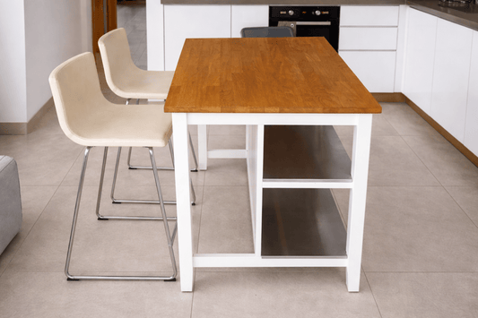 IKEA STENSTORP Kitchen Island + 2 GLENN Bar Stools – Solid Oak Top, White Frame, Chrome Legs - althahanifurniture