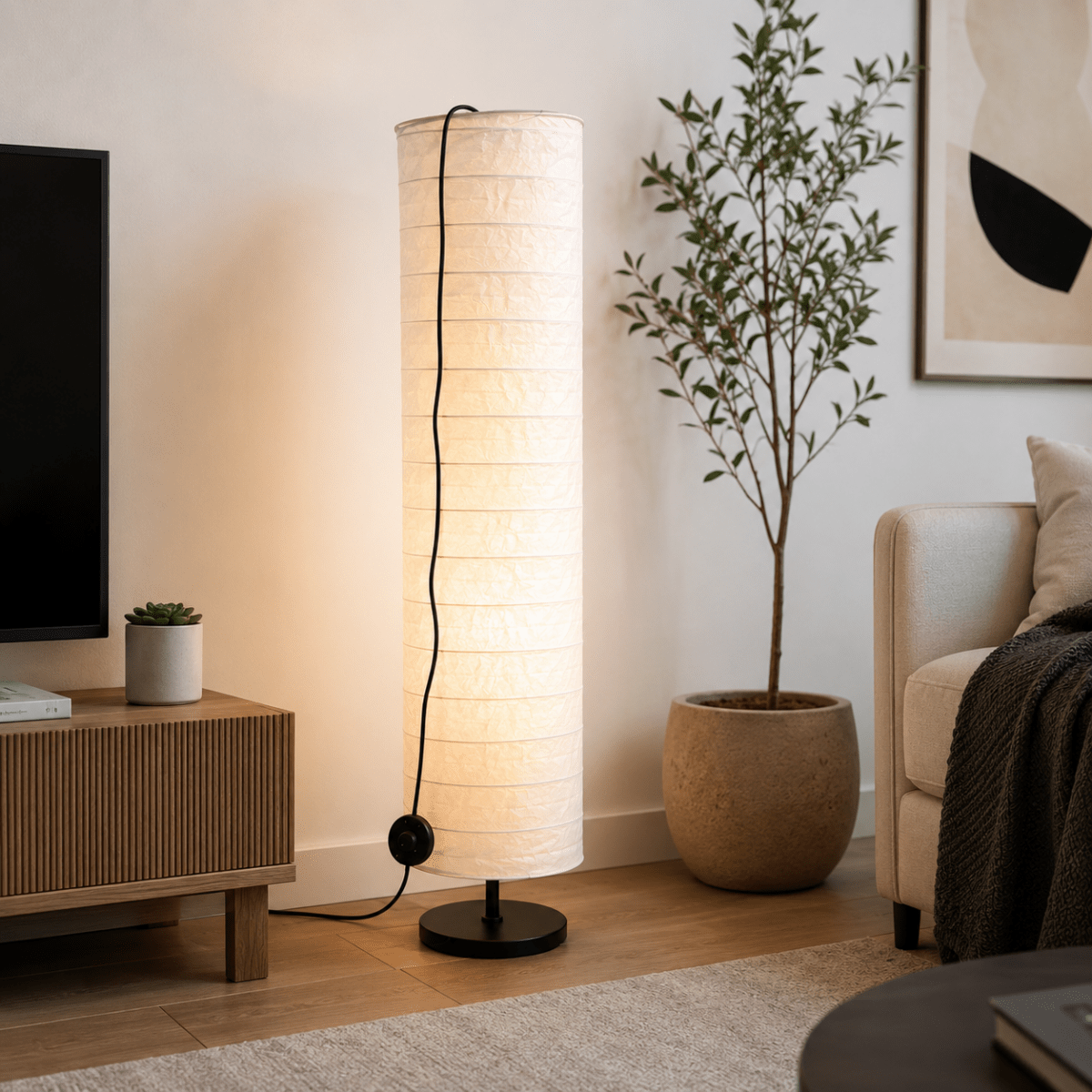 IKEA STRANDAD Floor Lamp | White/Black, Rice Paper Shade, 112 cm - used 3 months - Al Thahani Furniture