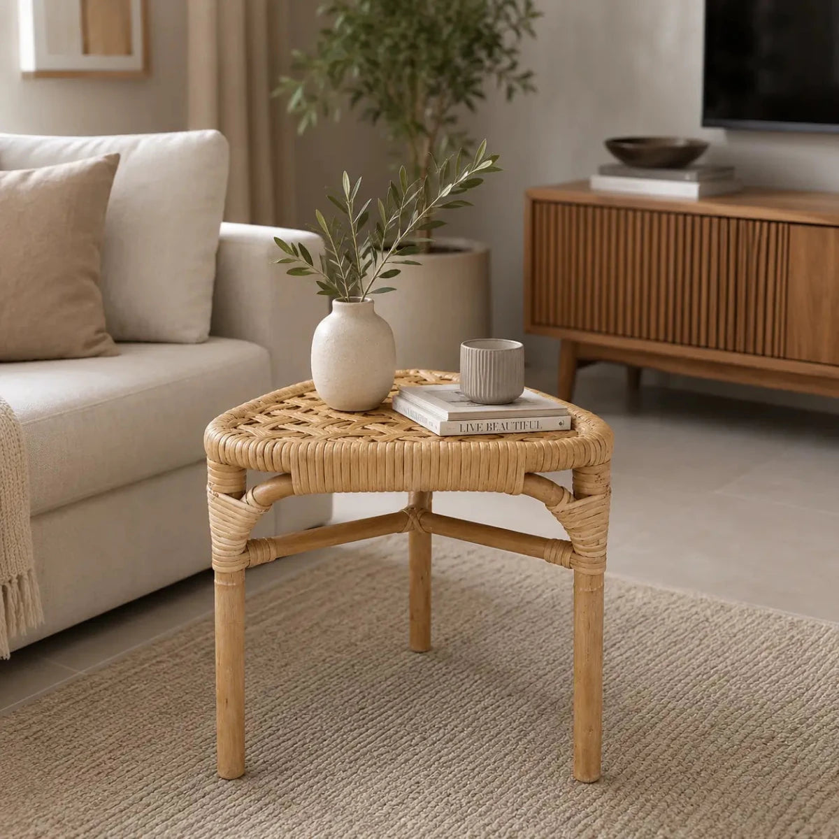 IKEA TÄNKVÄRD Triangular Rattan Stool | Natural, Handcrafted, Boho - used 2 months - Al Thahani Furniture