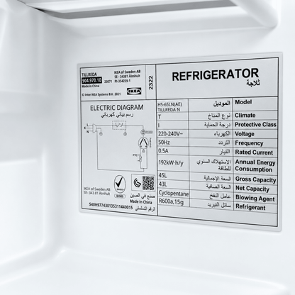 IKEA TILLREDA 43L Freestanding Mini Fridge – White – 47.2 × 45 × 49.2 cm - Al Thahani Furniture
