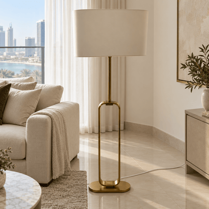IKEA UPPVIND Floor Lamp – Brass-Plated & White – 150 cm - Al Thahani Furniture