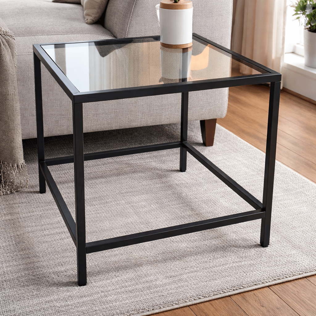 IKEA VITTSJÖ Side Table – Black Metal Frame & Tempered Glass Top – 55x55x50 - althahanifurniture