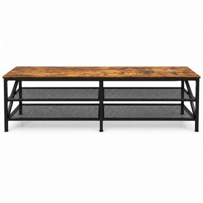 Industrial 3-Tier TV Unit with 2 Metal Mesh Shelves – Rustic Brown & Black - Al Thahani Furniture