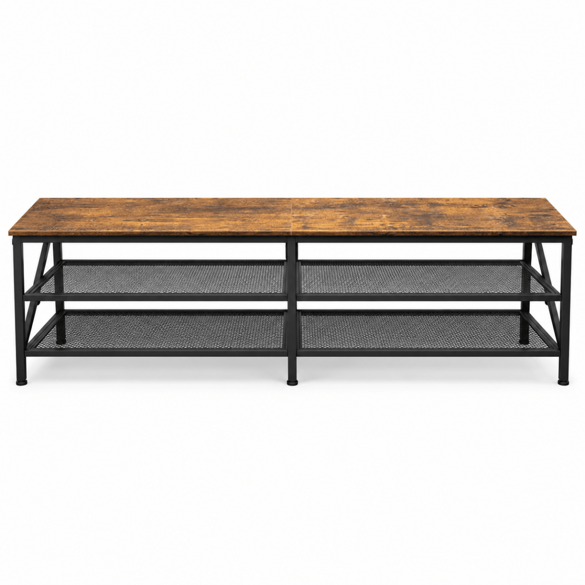 Industrial 3-Tier TV Unit with 2 Metal Mesh Shelves – Rustic Brown & Black - Al Thahani Furniture