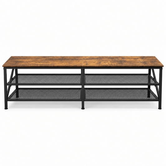 Industrial 3-Tier TV Unit with 2 Metal Mesh Shelves – Rustic Brown & Black - Al Thahani Furniture