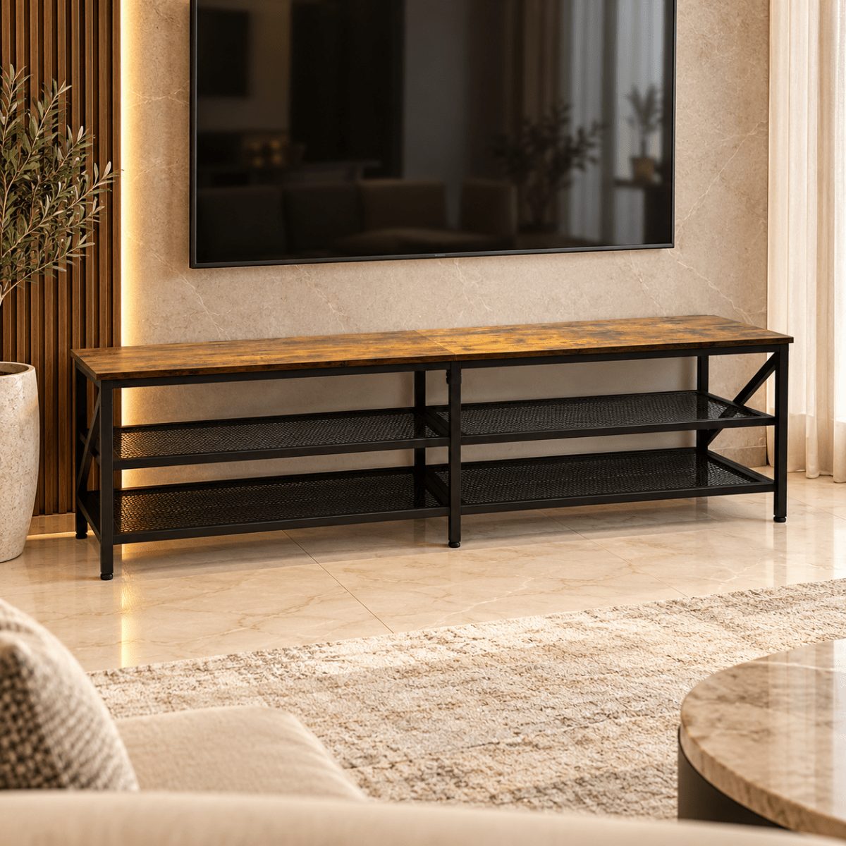 Industrial 3-Tier TV Unit with 2 Metal Mesh Shelves – Rustic Brown & Black - Al Thahani Furniture