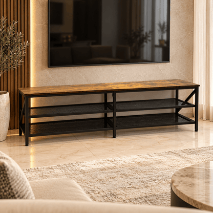 Industrial 3-Tier TV Unit with 2 Metal Mesh Shelves – Rustic Brown & Black - Al Thahani Furniture