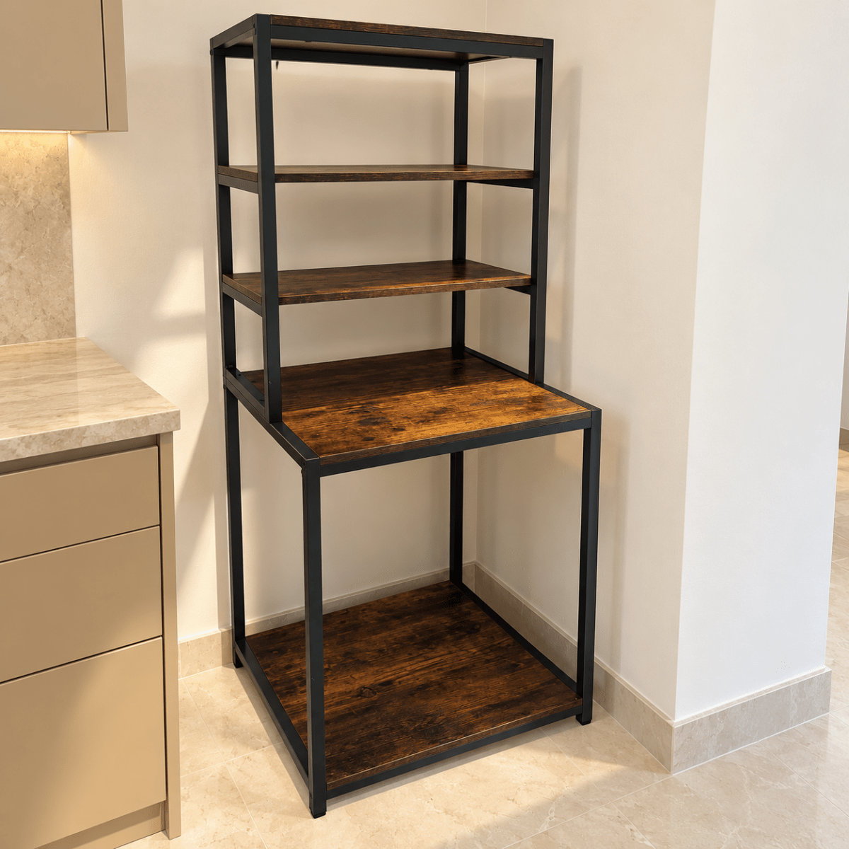 Industrial 5-Level Kitchen Baker's Rack with Microwave Shelf – Rustic Brown & Black - Al Thahani Furniture