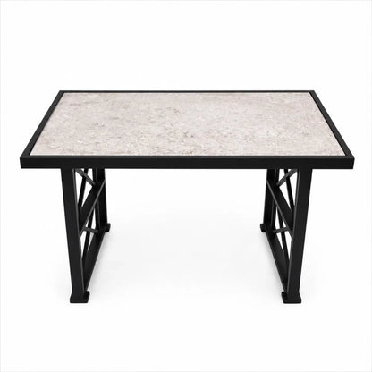 Industrial Center Table | Speckled Stone/Quartz Top, Black Metal X-Brace Frame - used 3 months - Al Thahani Furniture