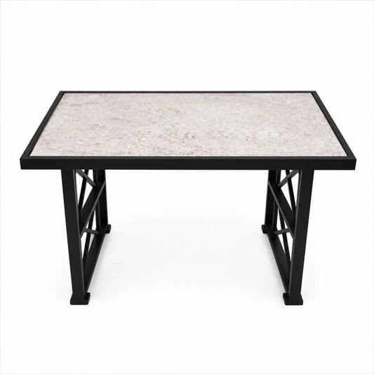 Industrial Center Table | Speckled Stone/Quartz Top, Black Metal X-Brace Frame - used 3 months - Al Thahani Furniture
