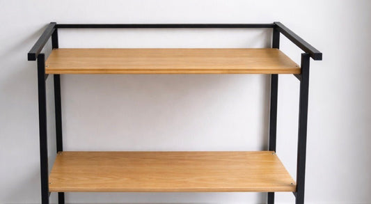 Industrial - Style Console Table / Storage Rack – Black Metal Frame, Wooden Shelves, 80x69x45 cm - althahanifurniture