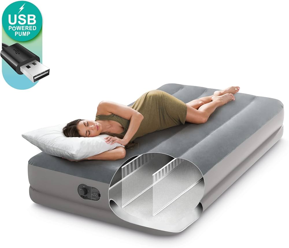 INTEX Dura - Beam Standard Prestige Air Mattress – Twin Size, Fiber - Tech, Built - In USB Pump, 12" Height, 300 lb Capacity - althahanifurniture