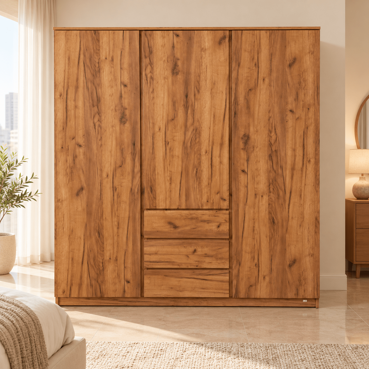 JYSK LIMFJORDEN 3-Door Wardrobe with 3 Drawers – Natural Oak – 180 × 58 × 200 cm - Al Thahani Furniture