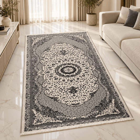 KASHAN Traditional Medallion Area Carpet – Cream & Grey – 100 × 200 cm - Al Thahani Furniture