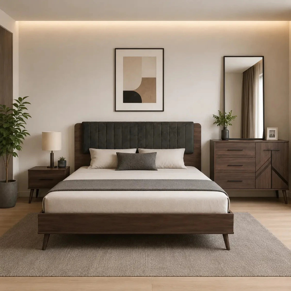 King Bed Set with Upholstered Headboard, Nightstand & Dresser , 180x200 cm - used 5 months - Al Thahani Furniture