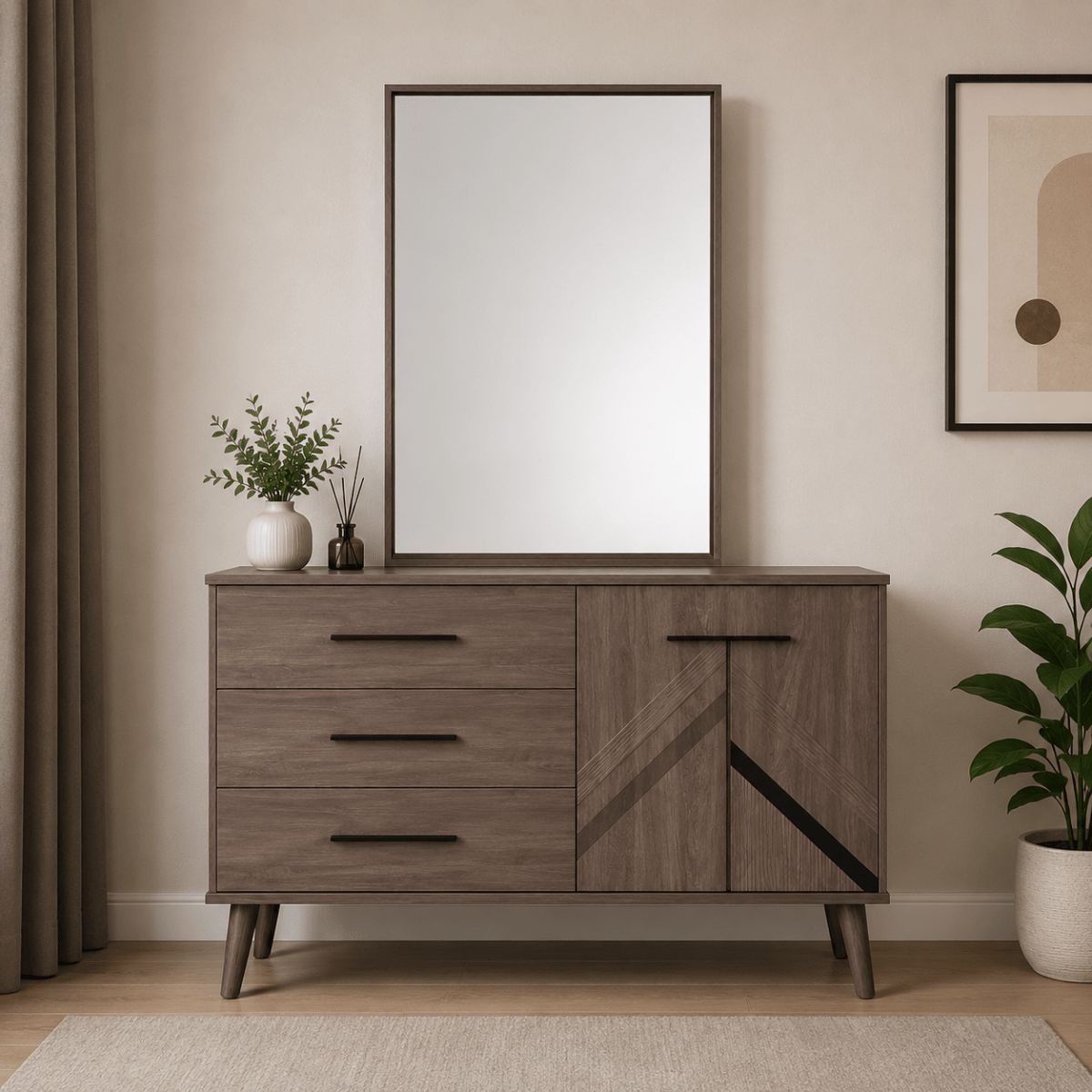 King Bed Set with Upholstered Headboard, Nightstand & Dresser, without mattress. 180x200 cm - used 5 months - Al Thahani Furniture