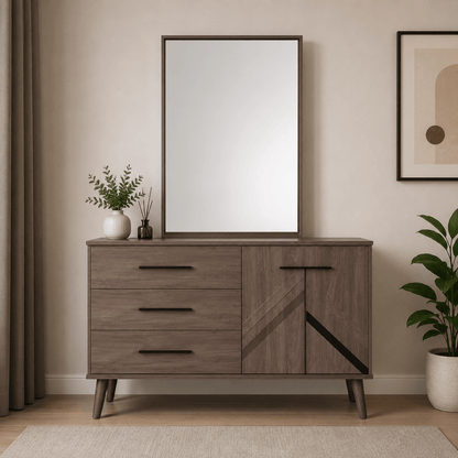 King Bed Set with Upholstered Headboard, Nightstand & Dresser, without mattress. 180x200 cm - used 5 months - Al Thahani Furniture