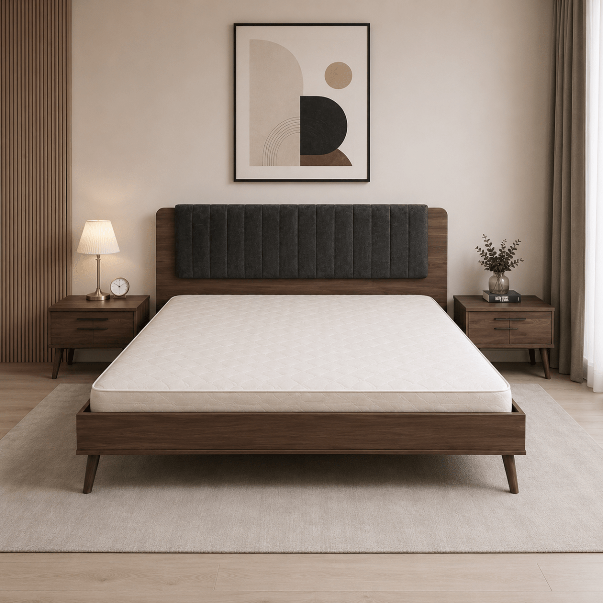 King Bed Set with Upholstered Headboard, Nightstand & Dresser, without mattress. 180x200 cm - used 5 months - Al Thahani Furniture