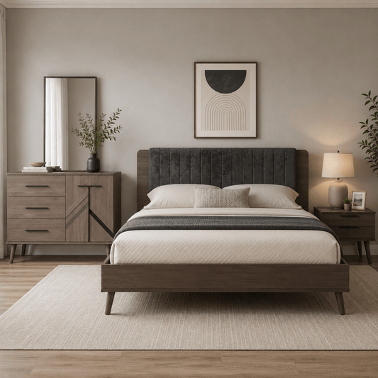 King Bed Set with Upholstered Headboard, Nightstand & Dresser, without mattress. 180x200 cm - used 5 months - Al Thahani Furniture