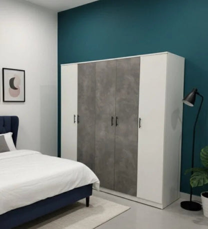 King Bedroom Set | Modern Grey & White | Complete Suite with 5 - Door Wardrobe , Brand New,180x200cm - althahanifurniture