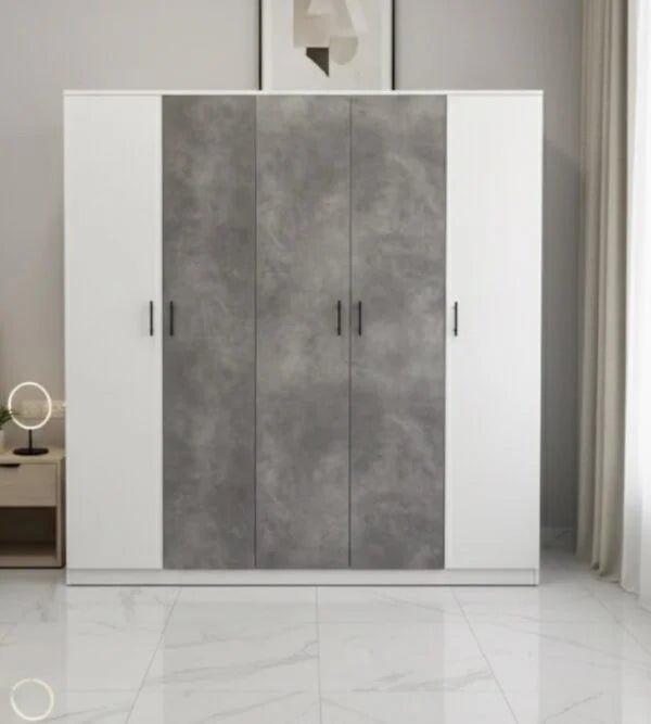 King Bedroom Set | Modern Grey & White | Complete Suite with 5 - Door Wardrobe , Brand New,180x200cm - althahanifurniture