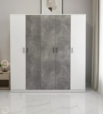 King Bedroom Set | Modern Grey & White | Complete Suite with 5 - Door Wardrobe , Brand New,180x200cm - althahanifurniture