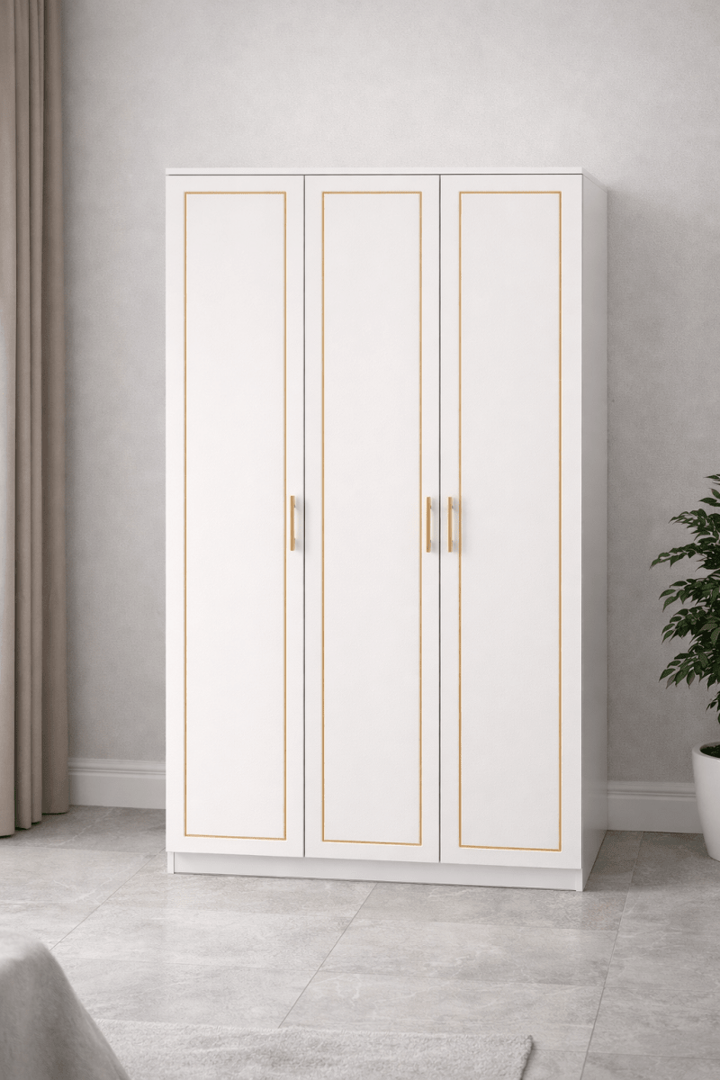 King Bedroom Set | Modern White Panel Design with 3 - Door Wardrobe, Brand New - althahanifurniture