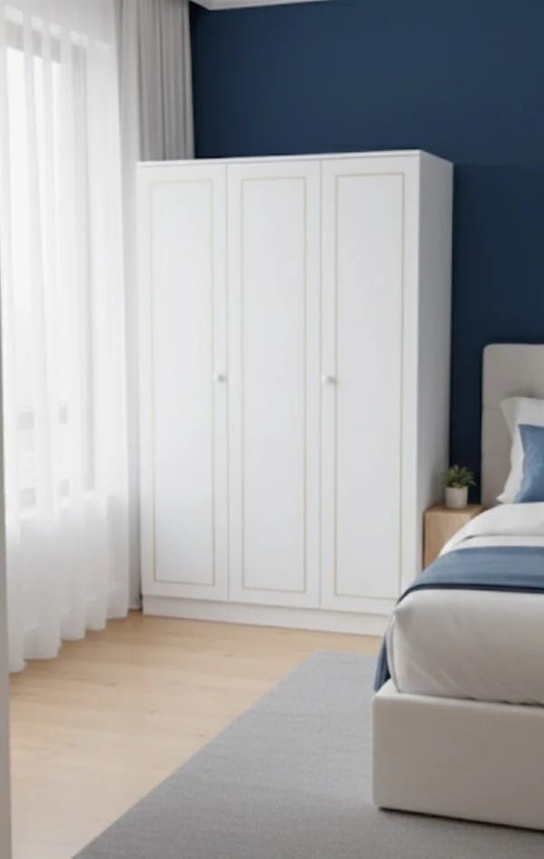 King Bedroom Set | Modern White Panel Design with 3 - Door Wardrobe, Brand New - althahanifurniture
