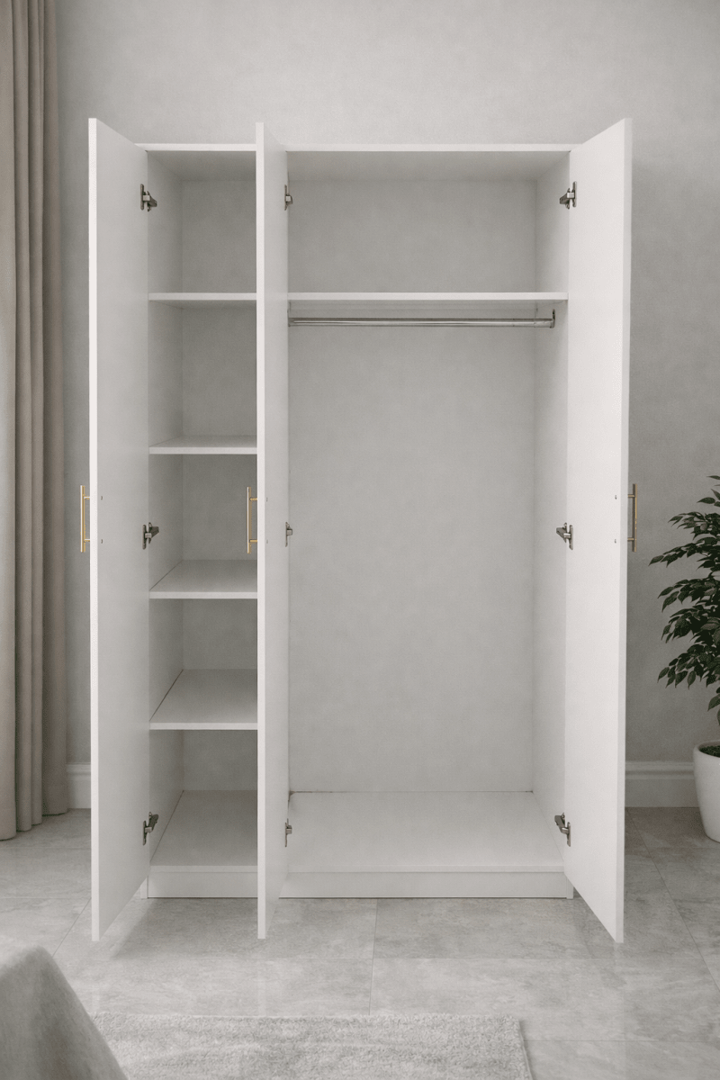 King Bedroom Set | Modern White Panel Design with 3 - Door Wardrobe, Brand New - althahanifurniture