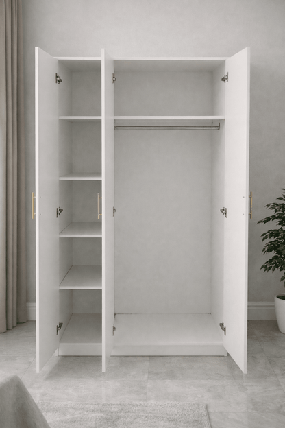 King Bedroom Set | Modern White Panel Design with 3 - Door Wardrobe, Brand New - althahanifurniture