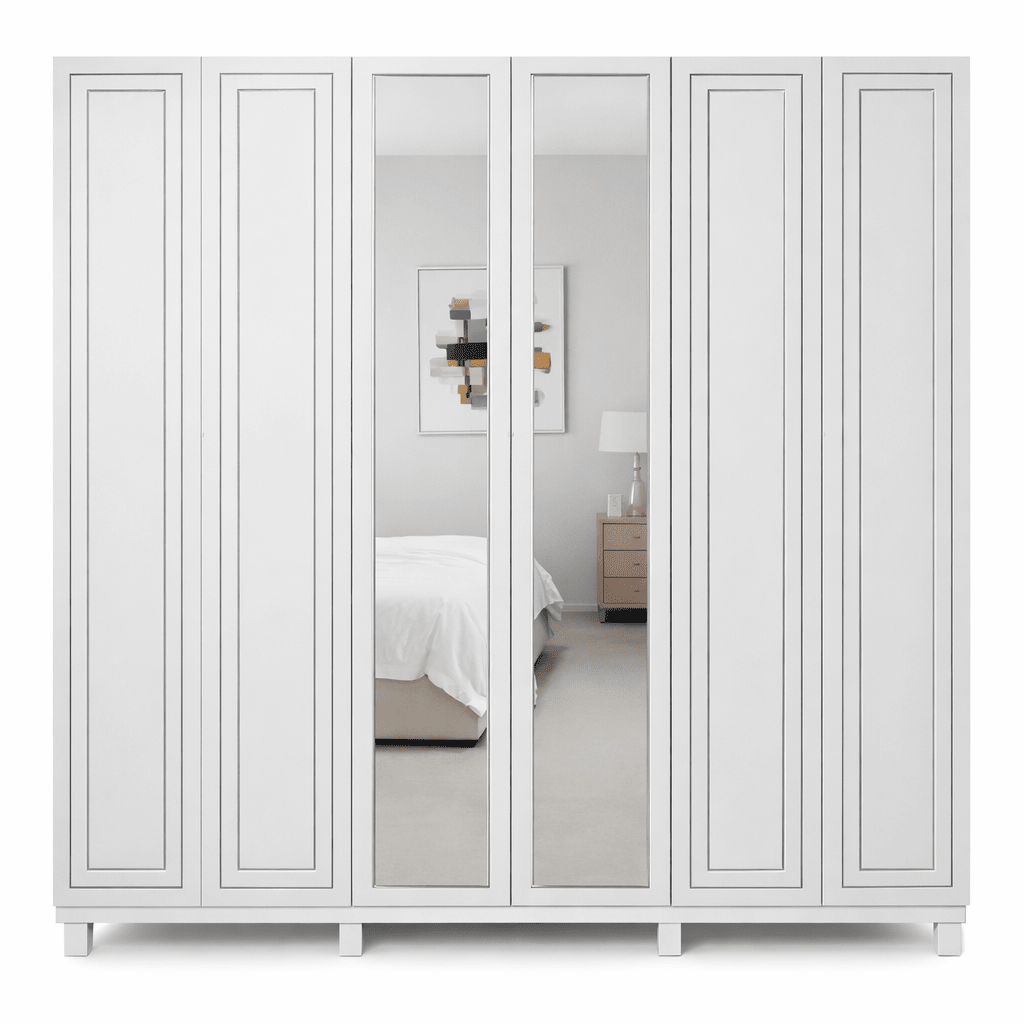 King Bedroom Set | Modern White Panel Design with 6 - Door Mirror Wardrobe, Brand New - althahanifurniture