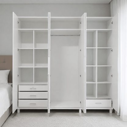 King Bedroom Set | Modern White Panel Design with 6 - Door Mirror Wardrobe, Brand New - althahanifurniture