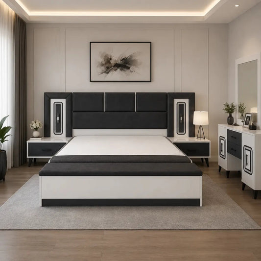 King Bedroom Set with LED Headboard, Hydraulic Storage & 6 - Door Wardrobe | Black/White, 180x200 cm - used 8 months - Al Thahani Furniture