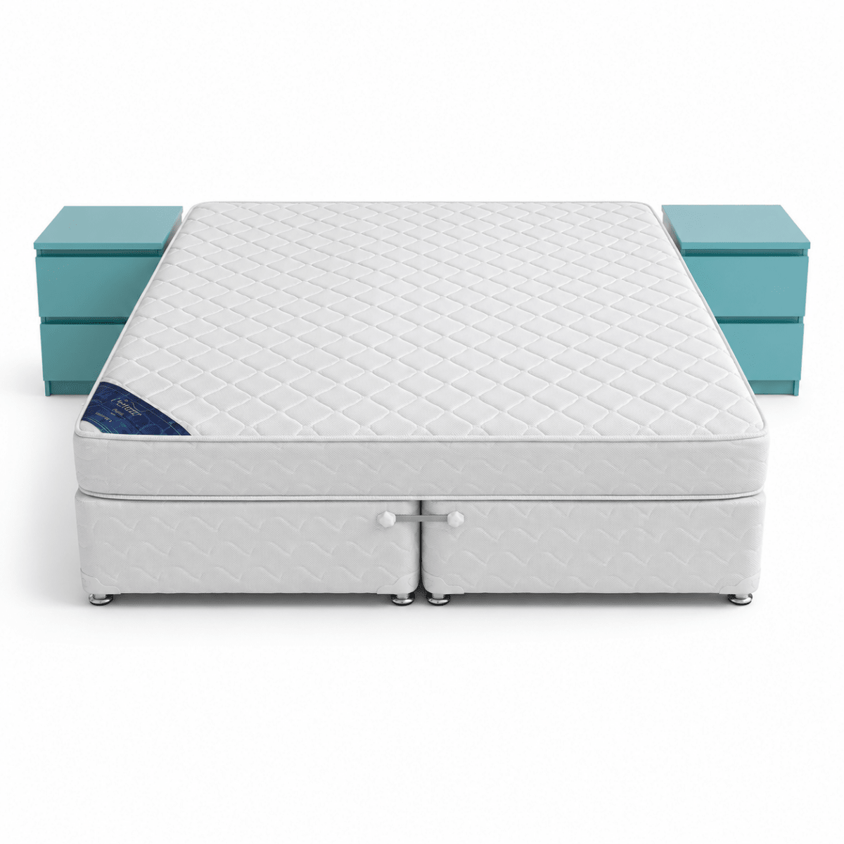 King Divan Bed Set with Mattress & Teal Blue Nightstands | White, 180x200 cm - used 5 months - Al Thahani Furniture
