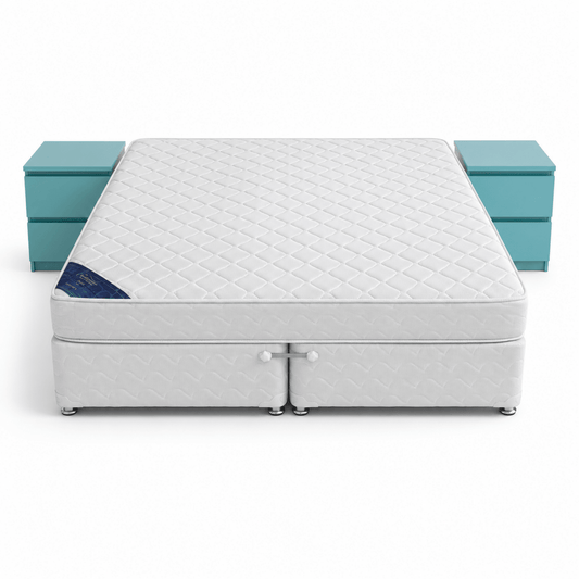King Divan Bed Set with Mattress & Teal Blue Nightstands | White, 180x200 cm - used 5 months - Al Thahani Furniture
