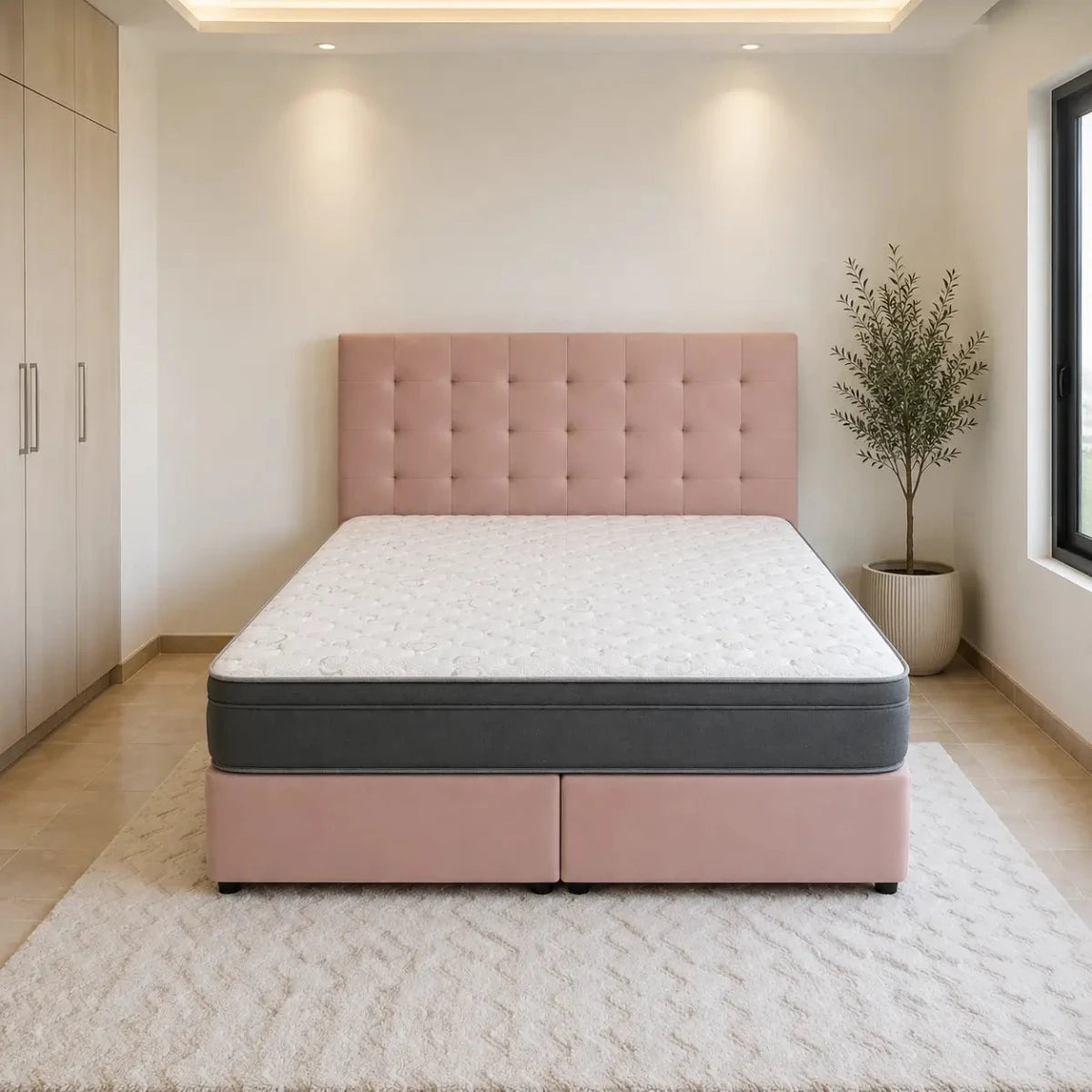 King Divan Bed Set with Rose Pink Tufted Headboard & Mattress | 180x200 cm - used 6 months - Al Thahani Furniture