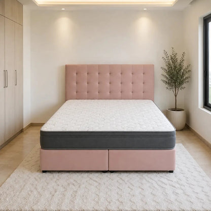 King Divan Bed Set with Rose Pink Tufted Headboard & Mattress | 180x200 cm - used 6 months - Al Thahani Furniture