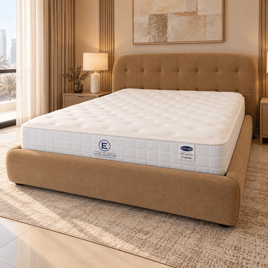 King Upholstered Bed with Englander Hotel Collection Firm Mattress – 180 × 200 cm – Beige - Al Thahani Furniture