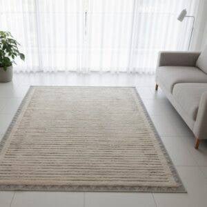 KNOTHOME Zahra Alba Bohemian Rug | Raised Stripes & Geometric Border | 300×190 cm | Beige/Ivory Tones - althahanifurniture