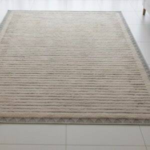 KNOTHOME Zahra Alba Bohemian Rug | Raised Stripes & Geometric Border | 300×190 cm | Beige/Ivory Tones - althahanifurniture