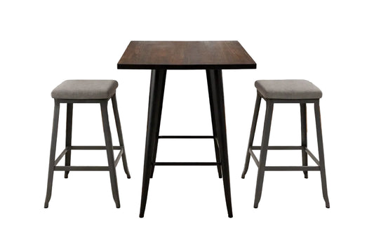 LANNY Bar Table Set – Brown Round Table & 2 Grey Stools - althahanifurniture