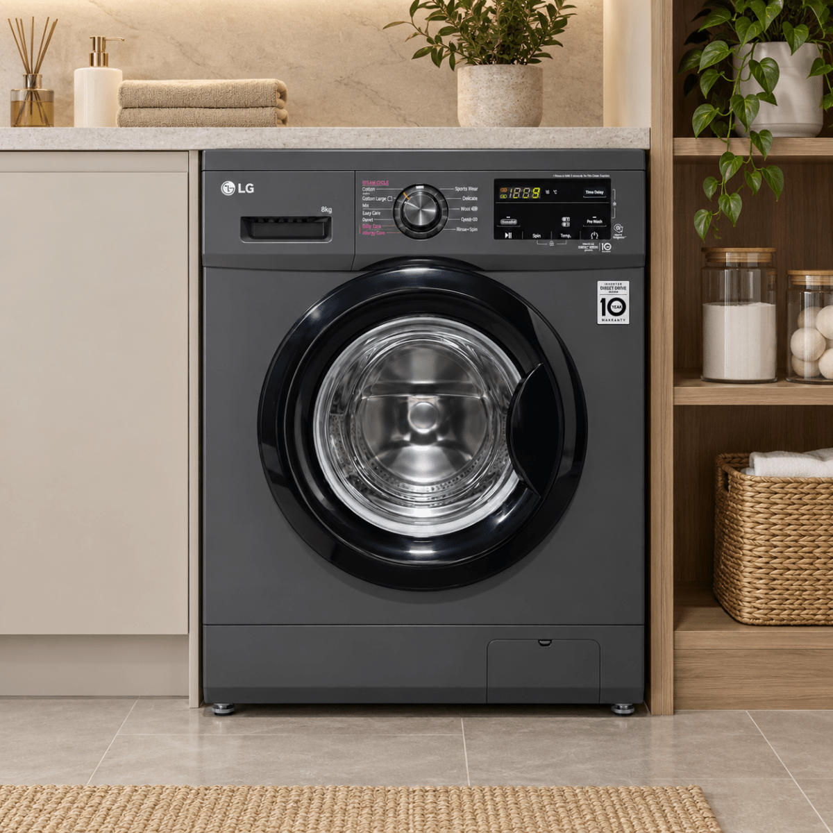 LG F4J3TYG6J 8kg Front Load Washing Machine – 1400 RPM – Steam & Inverter Direct Drive – Black - Al Thahani Furniture