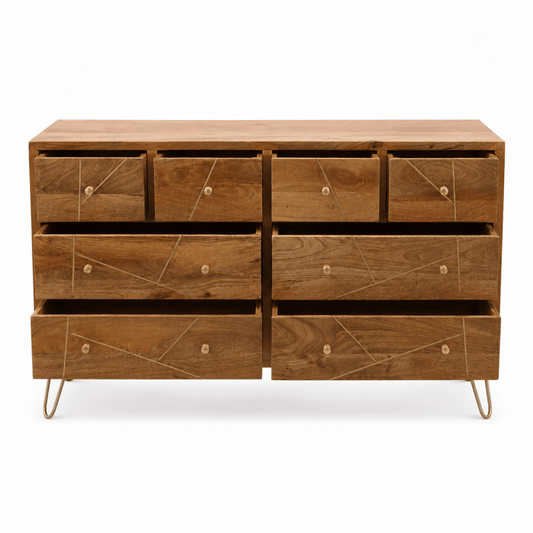 Mangoluxe Goldline Chest of Drawers | Mango Wood, Golden Finish - used 10 months - Al Thahani Furniture