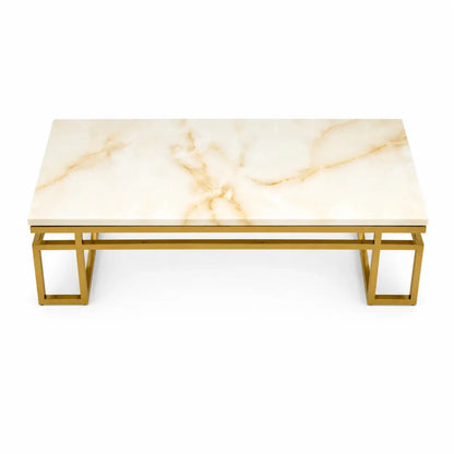 Marble Cocktail Table | Polished Stone Top, Gilt Gold Geometric Base - used 4 months - Al Thahani Furniture