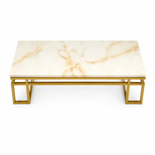 Marble Cocktail Table | Polished Stone Top, Gilt Gold Geometric Base - used 4 months - Al Thahani Furniture
