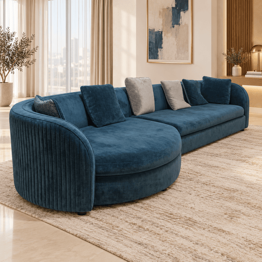 Marina Curve 6-Seater Velvet Curved Corner Sofa with Chaise – 290 cm – Deep Teal Blue - Al Thahani Furniture