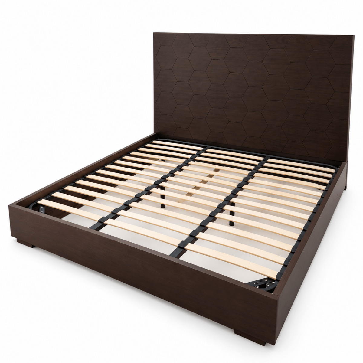 Marina Home King Bed Frame with Hexagonal Headboard & Mattress – Dark Walnut Brown – 187 × 214.5 × 140 cm - Al Thahani Furniture