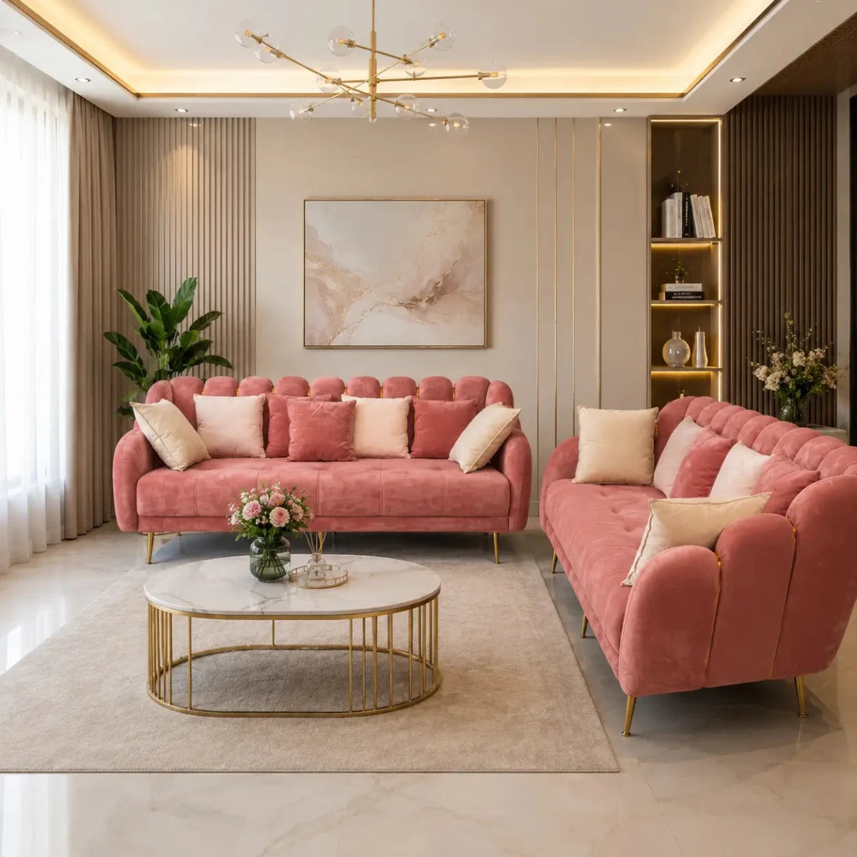 Mid-Century Modern Dusty Pink Velvet Sofa Set | 3+2 Seater, Scalloped Back, Gold Legs - used 9 months - Al Thahani Furniture